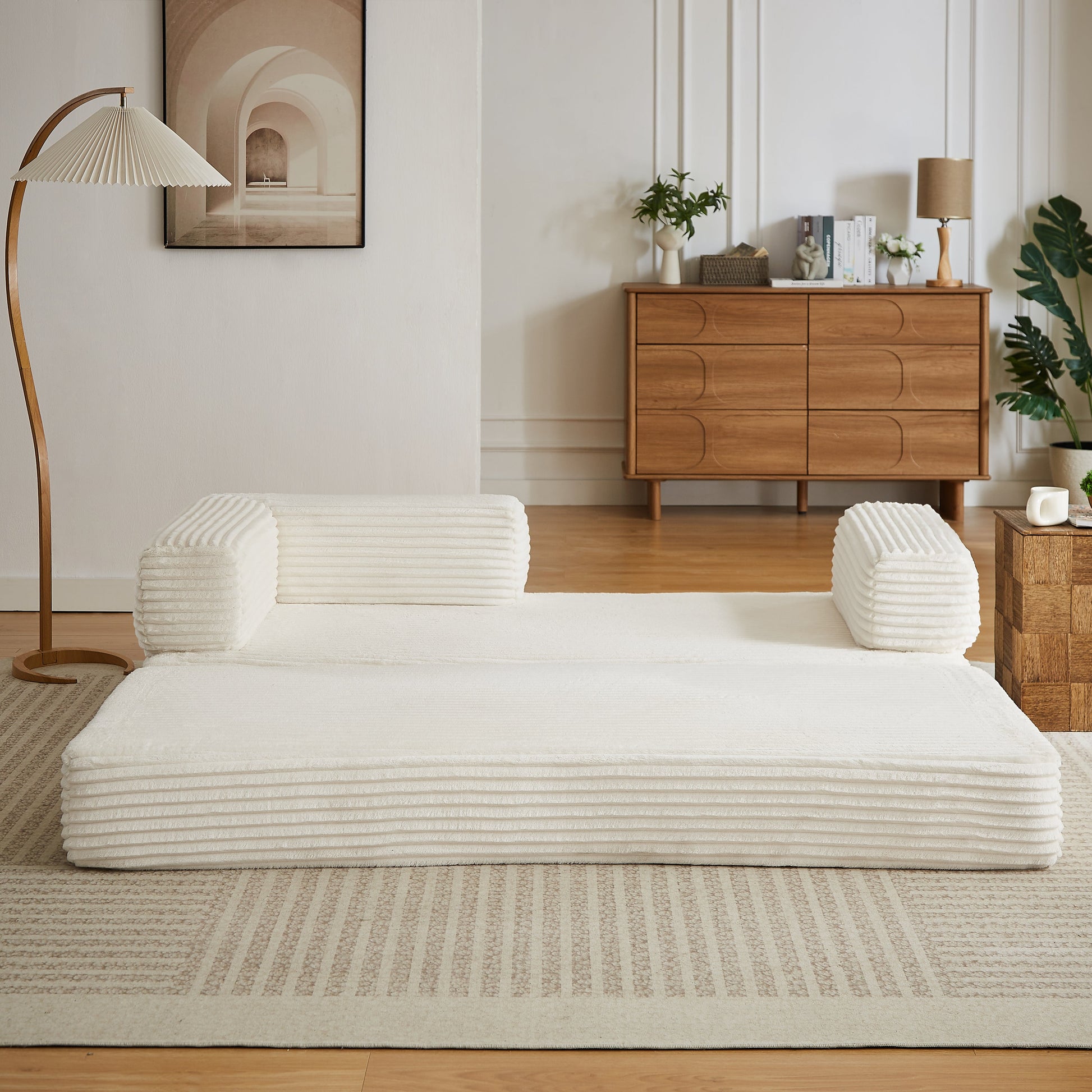 Loveseat Sofa HouseOfZazla cloud boneless couch style with white ribbed poufs and wooden dresser on Tampa Home & Garden Store