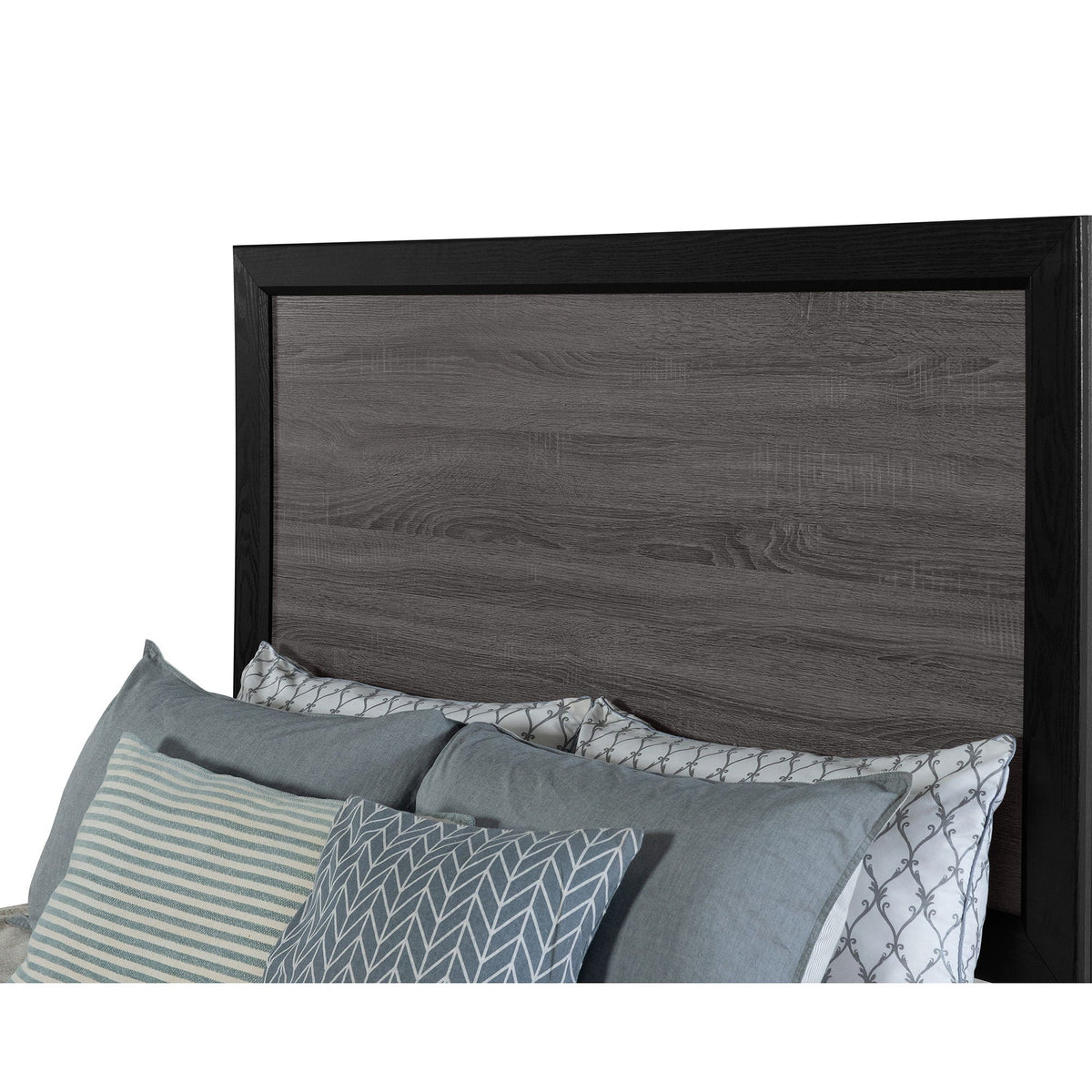Soluto Bed by HouseOfZazla, dark platform bed with gray panel headboard and blue-gray bedding on Tampa Home & Garden Store