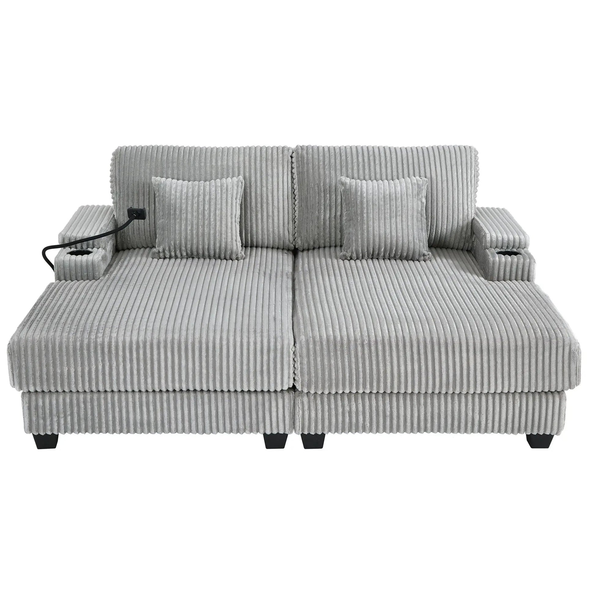Gray corduroy chaise sofa with cup holders, phone holder and storage compartments on Tampa Home & Garden Store