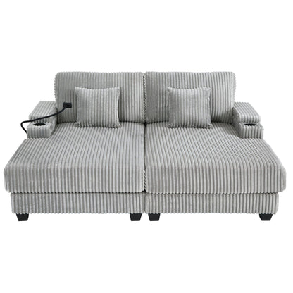 Modern chaise sofa in light gray corduroy with cup holder armrest and adjustable backrest on Tampa Home & Garden Store