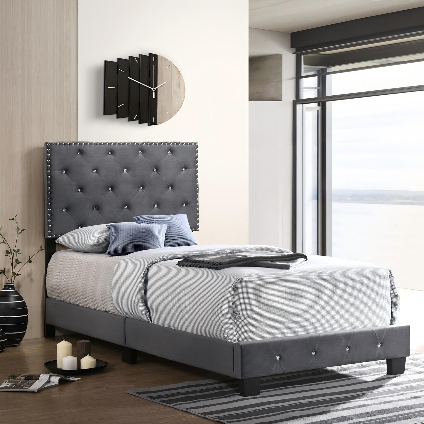 Luxurious Upholstered Bed HouseOfZazla with gray tufted headboard and studs in a modern bedroom on Tampa Home & Garden Store