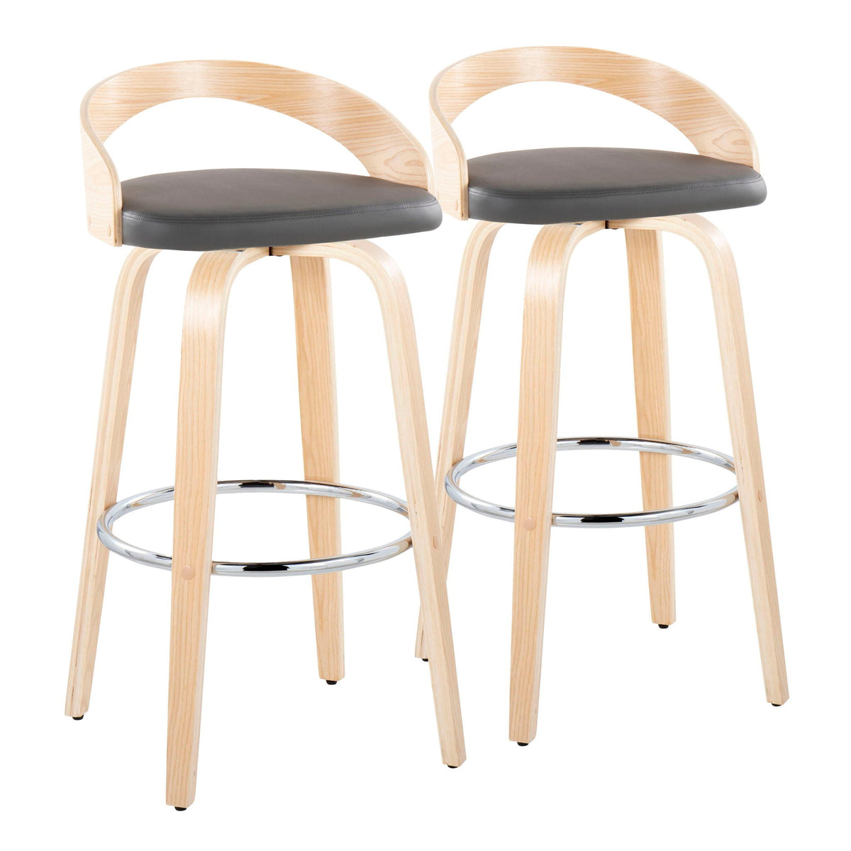 Barstool pair with gray cushions, wood backs, chrome footrests on Tampa Home & Garden Store