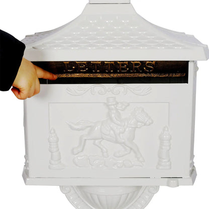 White cast aluminum mailbox outdoor decor with embossed panel on Tampa Home & Garden Store