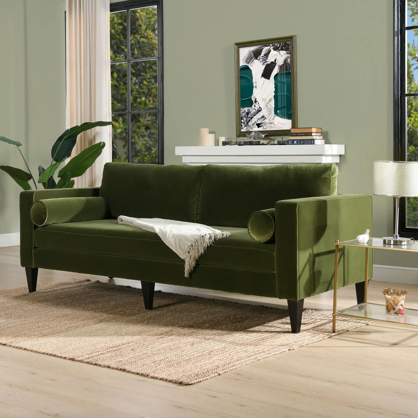 Nicholi Mid-Century Modern Sofa olive green velvet stationary by Unique Piece Furniture on Tampa Home & Garden Store