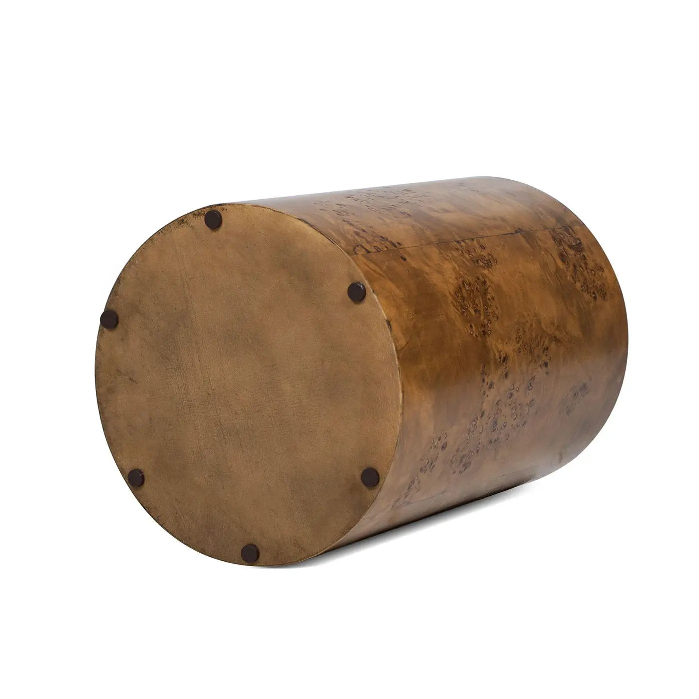 Nebula Accent Pillar Side Table, bronze drum with wood grain finish and dark feet on Tampa Home & Garden Store