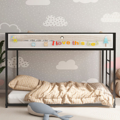 Adam bunk guard rail on black metal bunk bed with white lattice panel and playful bed sign on Tampa Home & Garden Store