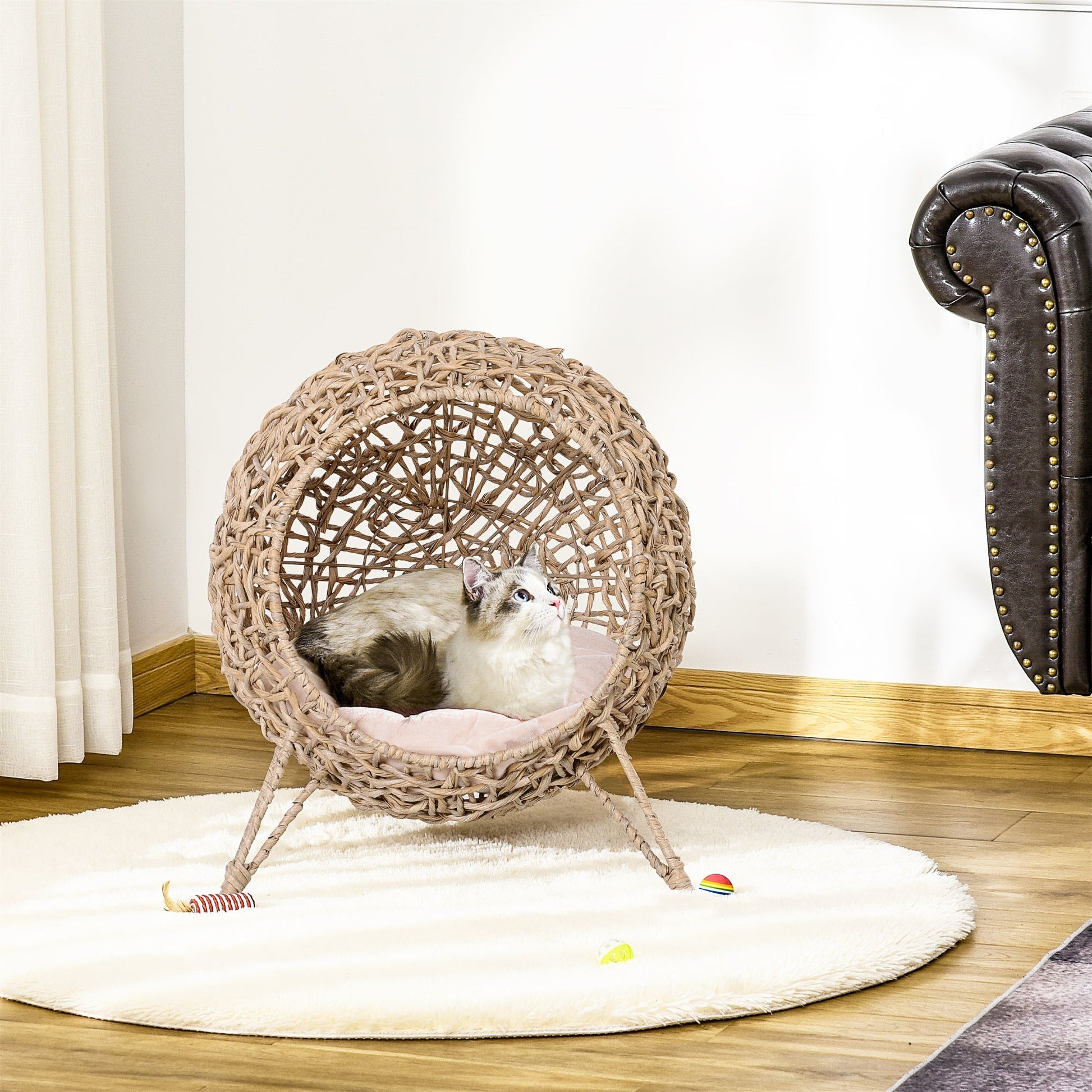 Weaved banana leaf cat bed with beige cushion, 20.5 in, HouseOfZazla pet bed on Tampa Home & Garden Store