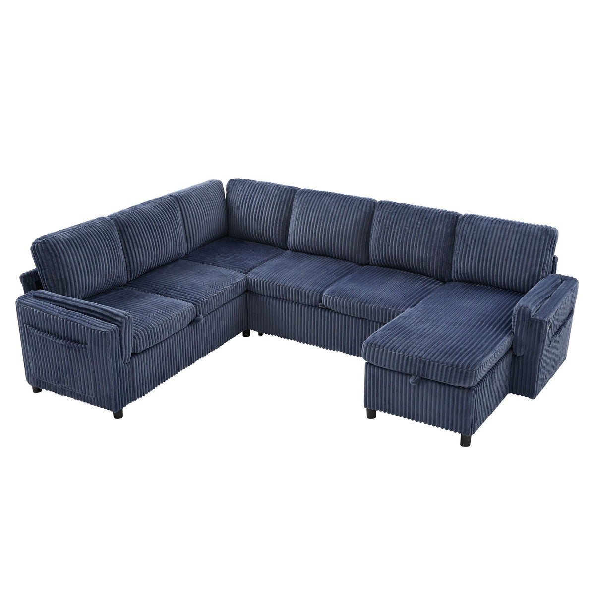 Convertible U-shaped sectional sofa bed with USB ports and storage in deep blue corduroy on Tampa Home & Garden Store