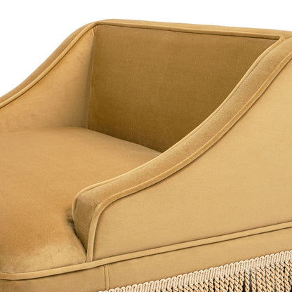 Duchess pet bed sofa by HouseOfZazla in tan suede look with piped edges and woven fringe trim on Tampa Home & Garden Store