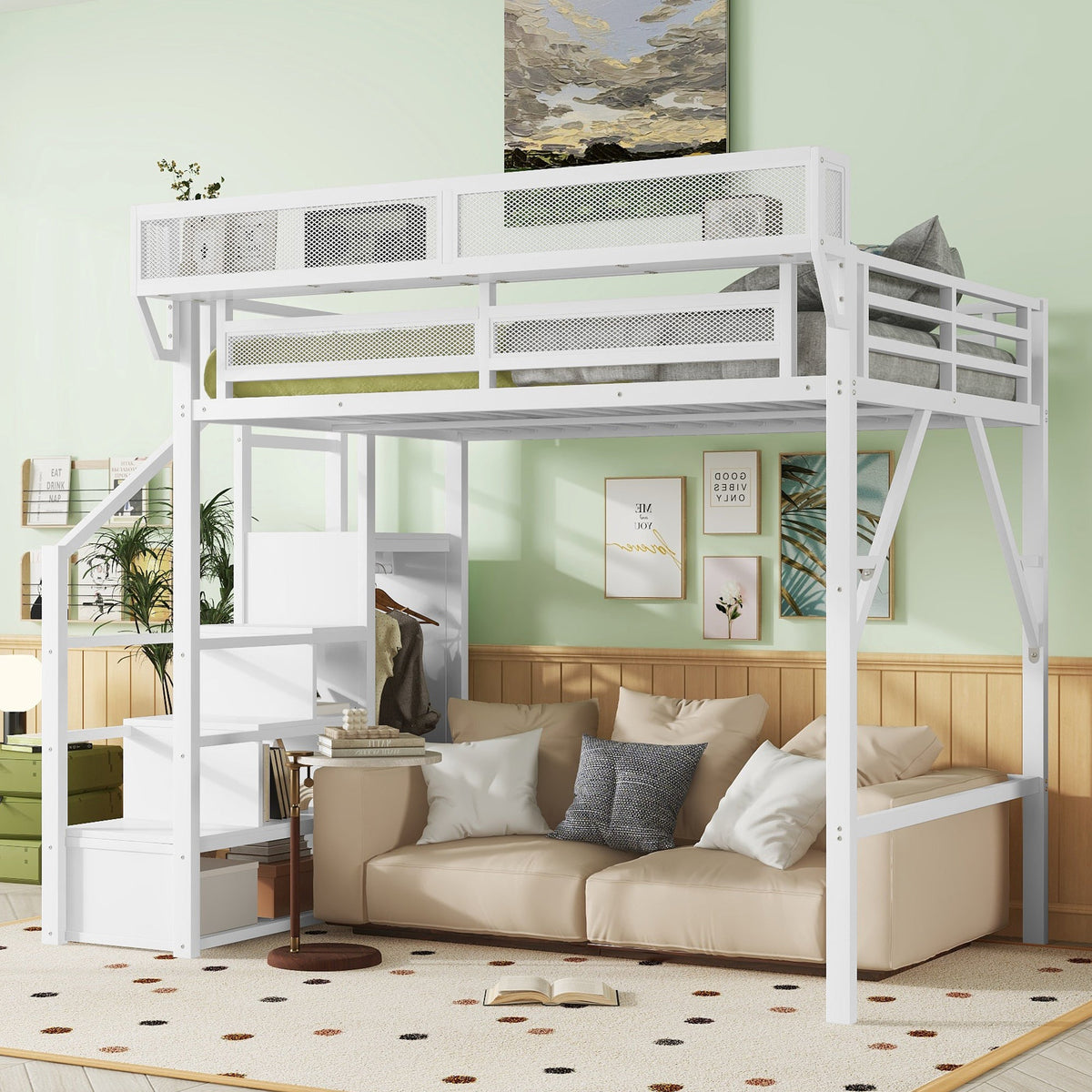 Full size loft bed with stairs and storage shelves in white metal by HouseOfZazla on Tampa Home & Garden Store