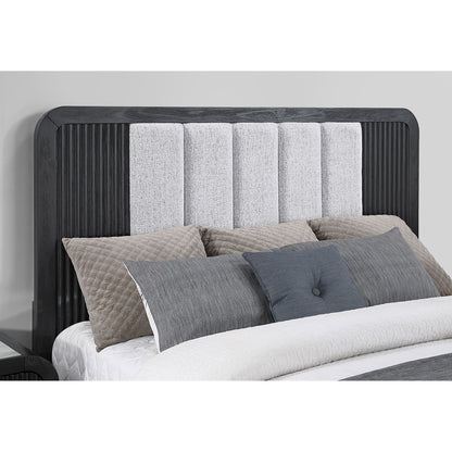 Beverly bed with fluted detailing in dark panel design with ribbed headboard and grey bedding on Tampa Home & Garden Store