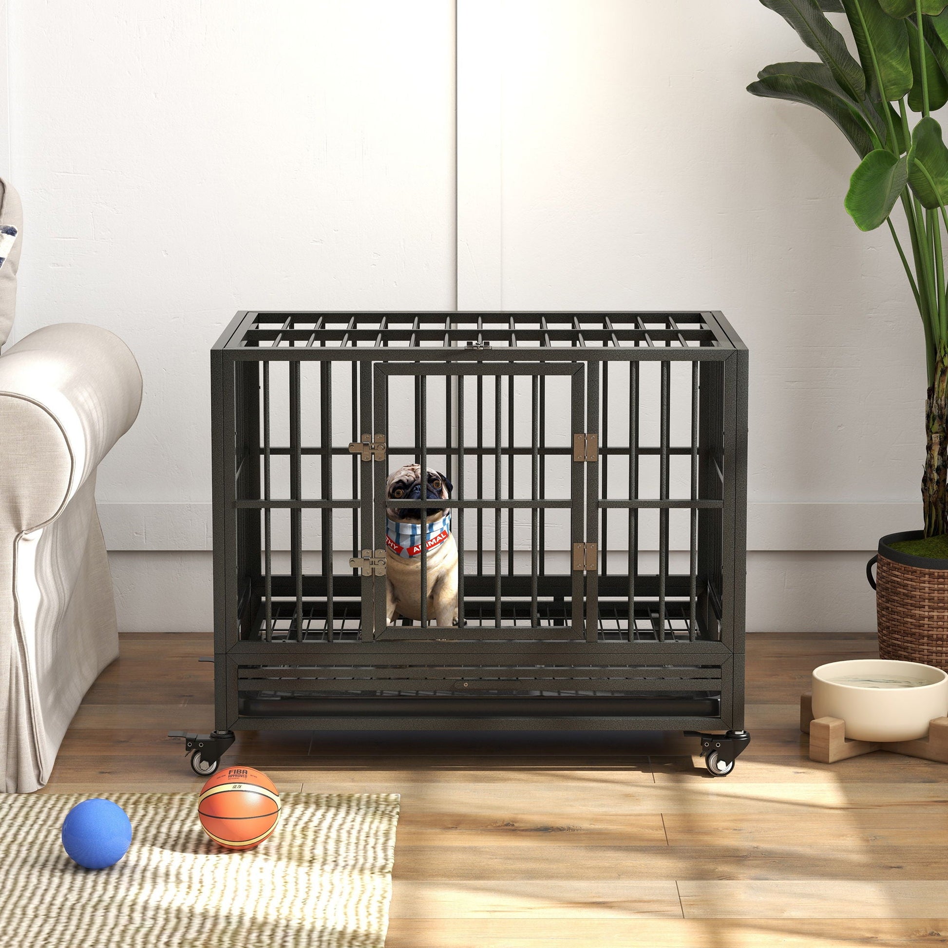 Pawhut 36in gray heavy duty dog crate with lockable wheels and double doors on Tampa Home & Garden Store