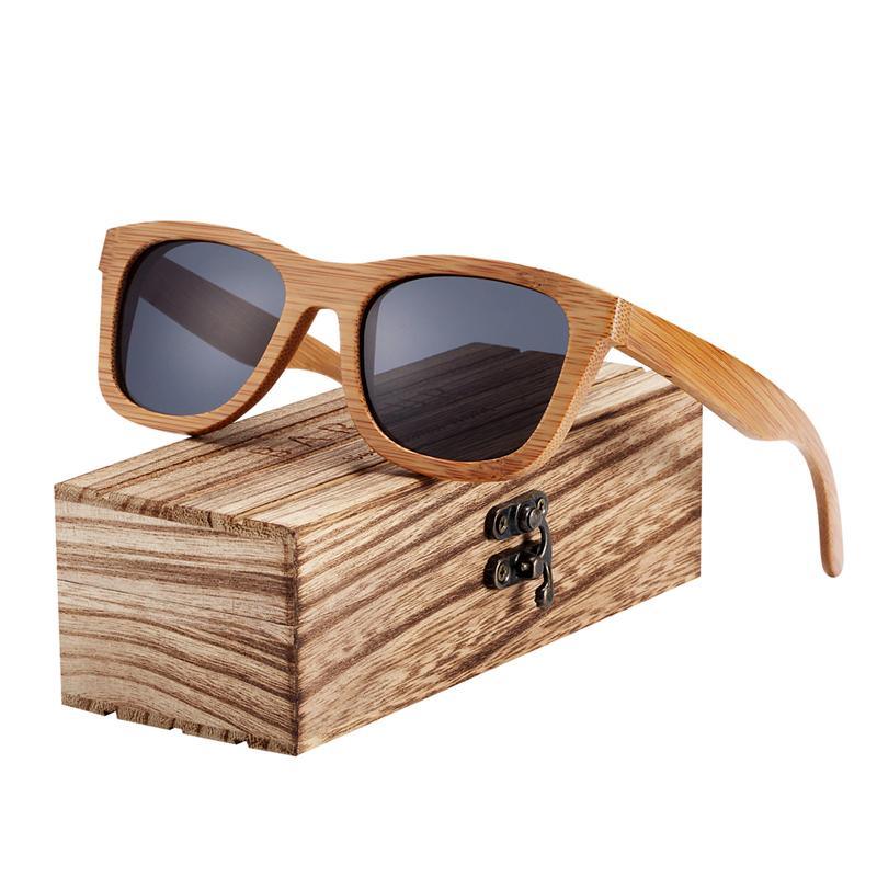 Stevvex bamboo wood sunglasses retro frame polarized UV400 dark lenses on a wooden box on Tampa Home & Garden Store