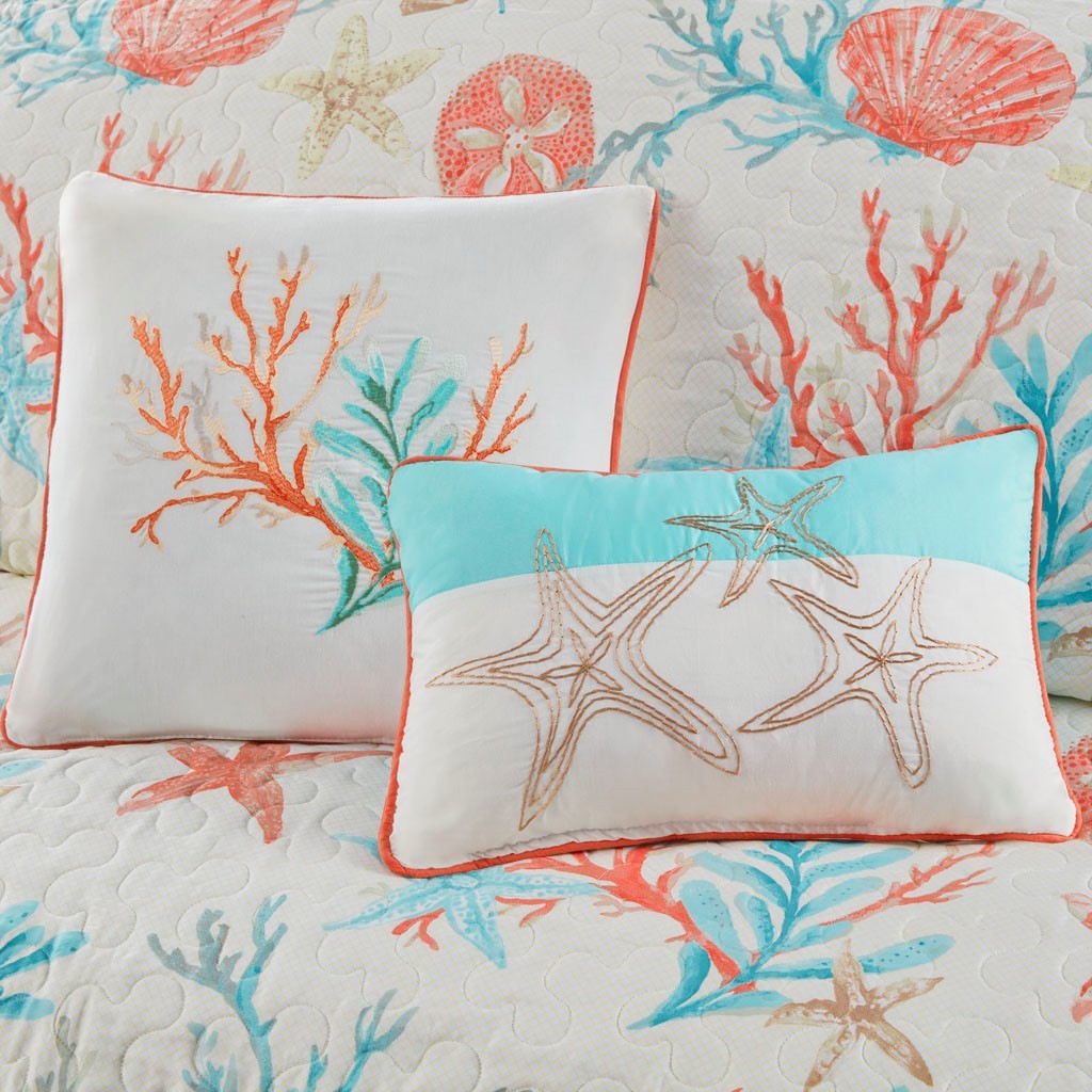 Cotton sateen quilt set with two pillows in coral piping and sea-life print HouseOfZazla on Tampa Home & Garden Store
