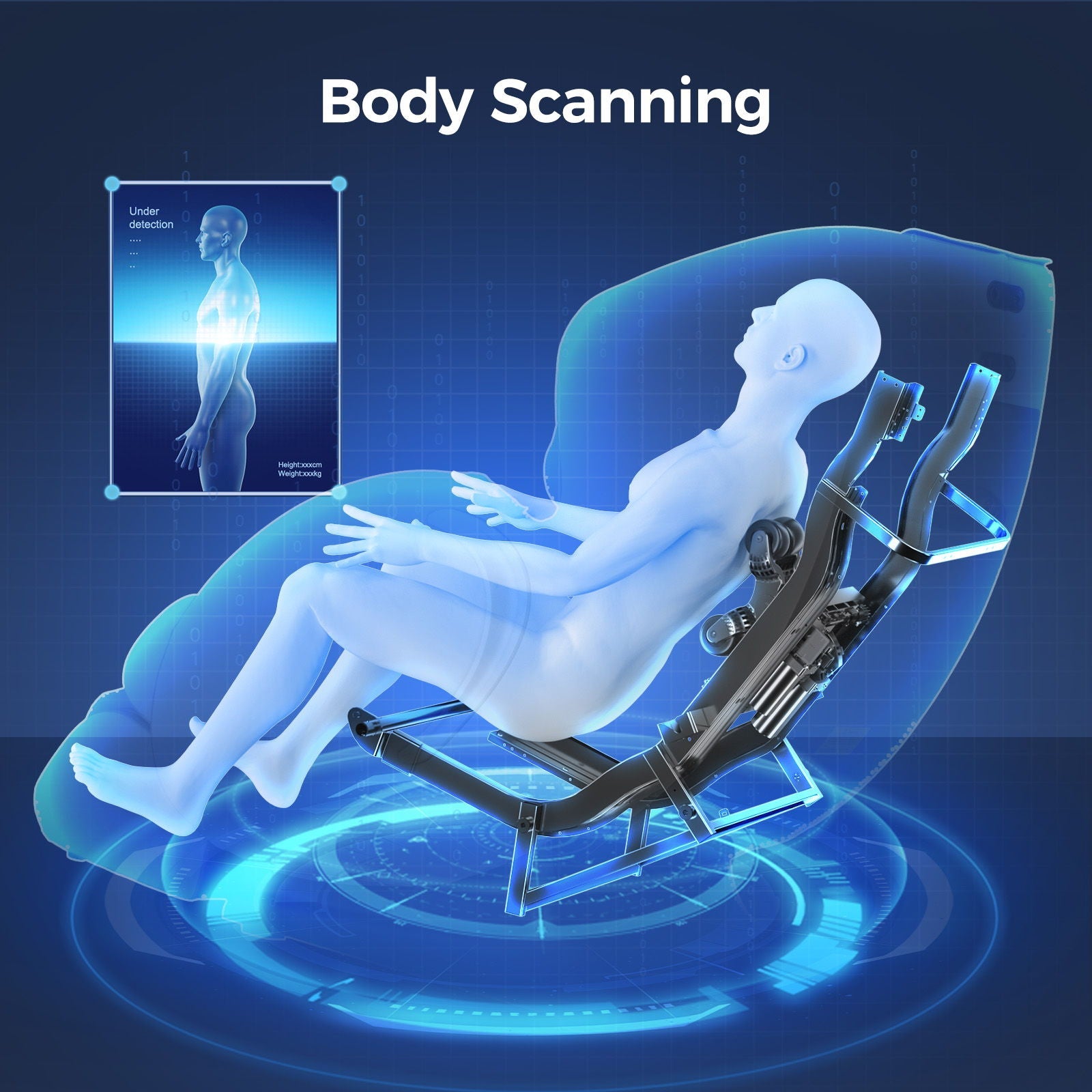 Bosscare 3D Zero Gravity Massage Chair, app-controlled shiatsu recliner, holographic illustration on Tampa Home & Garden Store