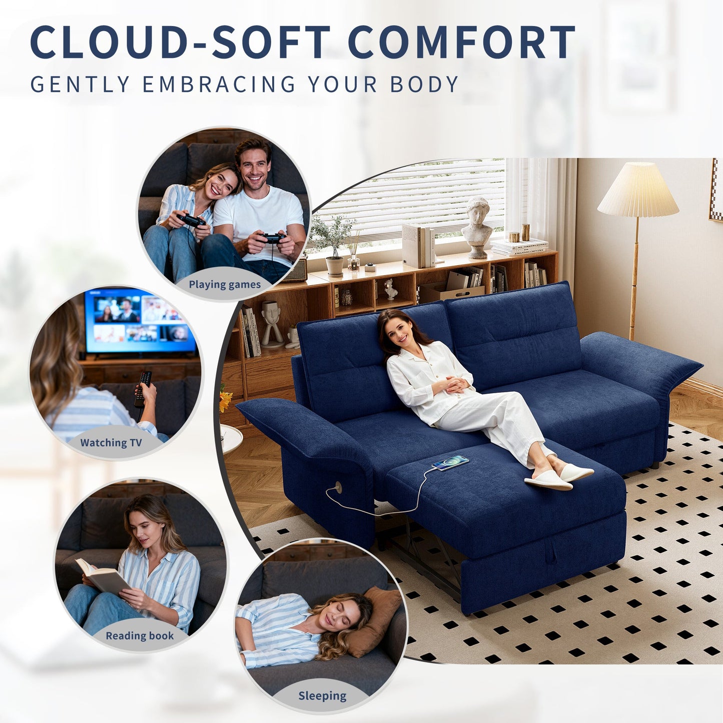 Multi-Functional 85-Inch Convertible Sofa Bed in navy blue living room scene on Tampa Home & Garden Store