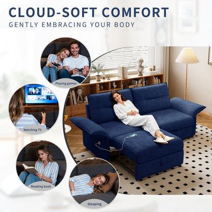 Multi-Functional 85-Inch Convertible Sofa Bed in navy blue living room scene on Tampa Home & Garden Store