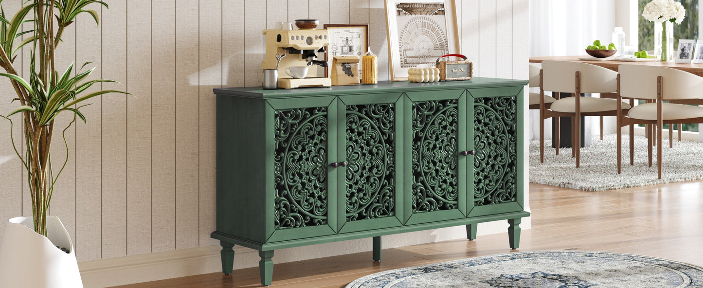 60' Antique Buffet Cabinet with Floral Carvings green finish ornate lattice doors HouseOfZazla on Tampa Home & Garden Store