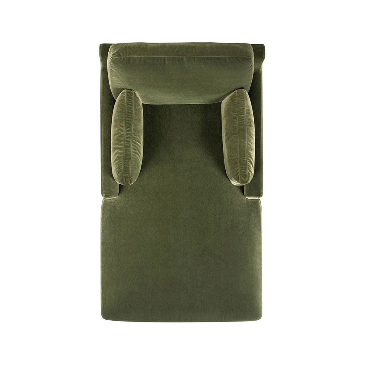 Olive green velvet chaise lounge chair with cushioned arm bolsters, modern farmhouse style on Tampa Home & Garden Store