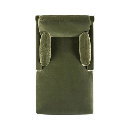 Olive green velvet chaise lounge chair with cushioned arm bolsters, modern farmhouse style on Tampa Home & Garden Store