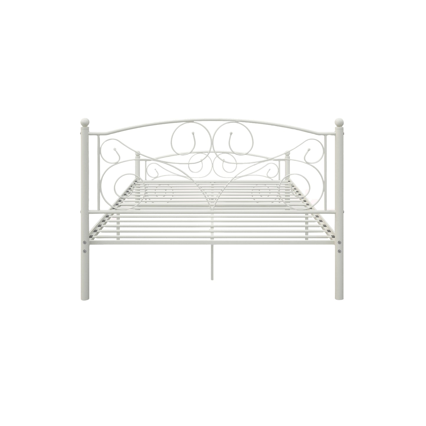 Queen size white metal bed frame with floral scrollwork and ball finials on posts on Tampa Home & Garden Store