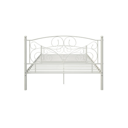 Queen size white metal bed frame with floral scrollwork and ball finials on posts on Tampa Home & Garden Store