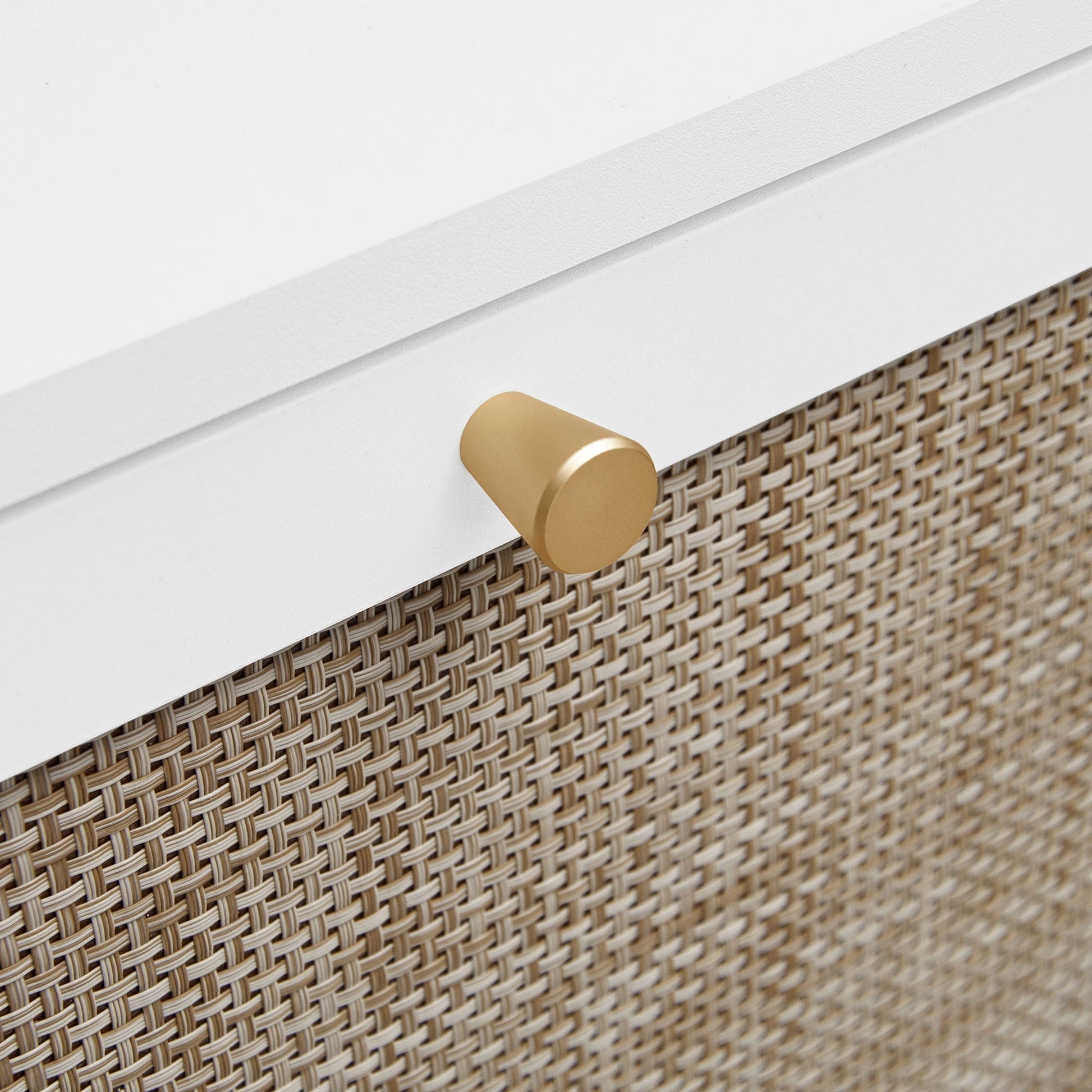 Shoe cabinet HouseOfZazla Modern Rattan 3-Door with white top and gold knob on Tampa Home & Garden Store
