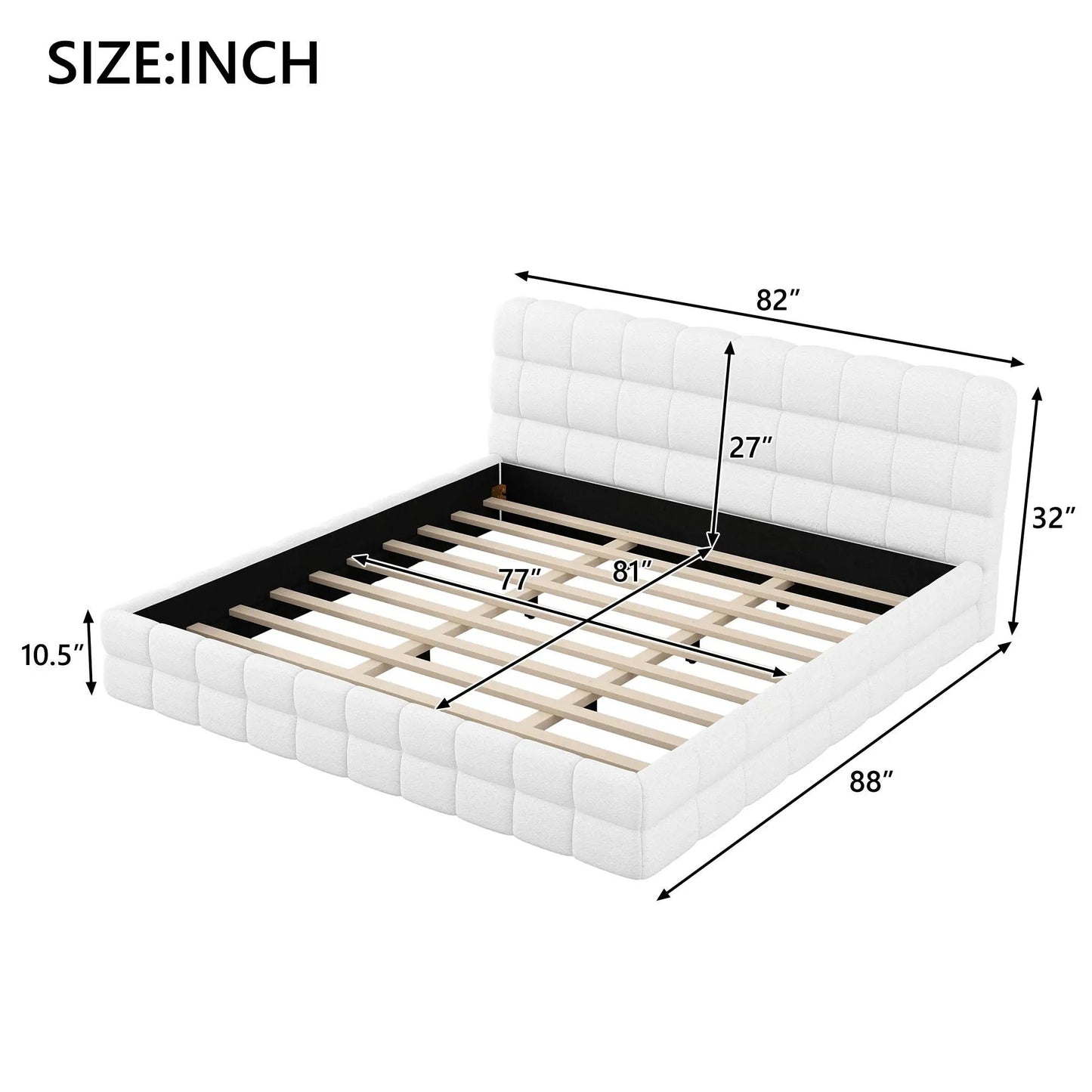 Upholstered platform bed with white tufted headboard by Unique Piece Furniture, wood slat foundation on Tampa Home & Garden Store