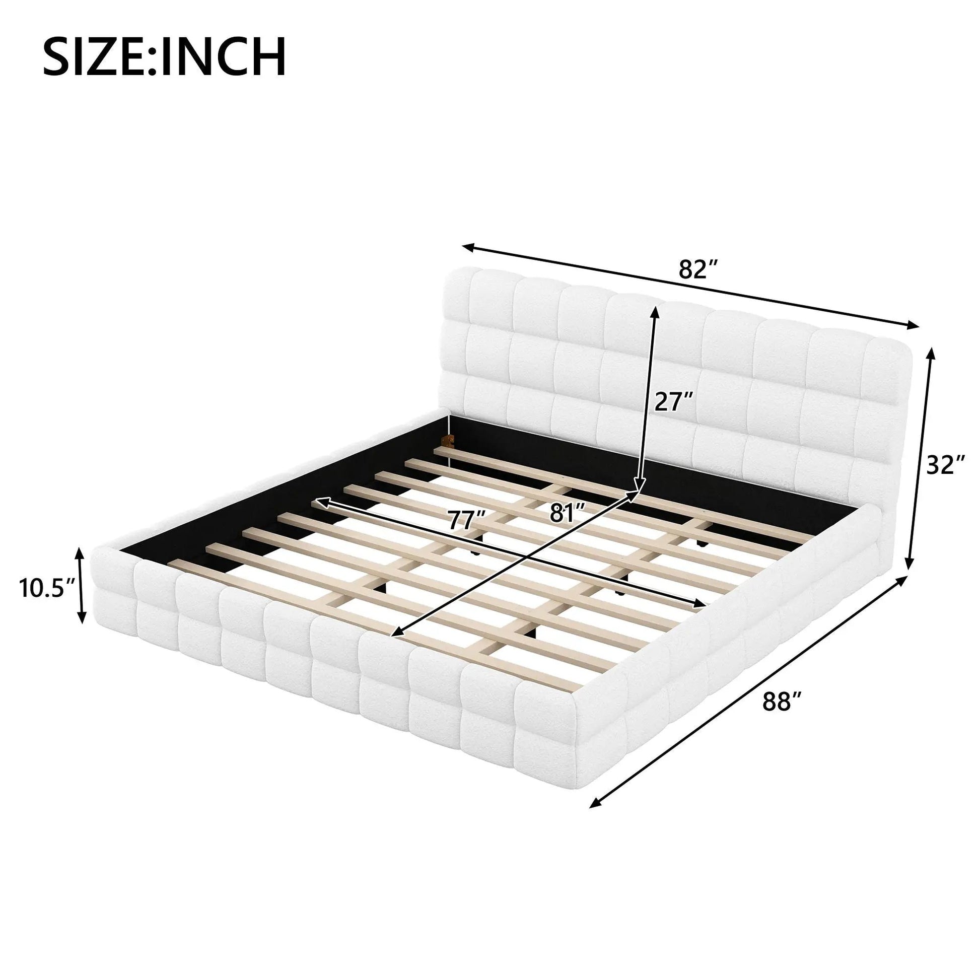 Upholstered platform bed with white tufted headboard by Unique Piece Furniture, wood slat foundation on Tampa Home & Garden Store