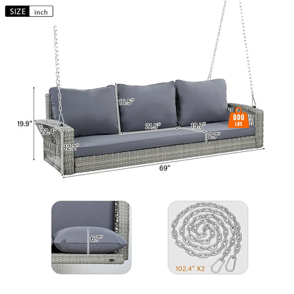 3 person patio swing bench with gray cushions in a woven wicker frame by Unique Piece Furniture on Tampa Home & Garden Store
