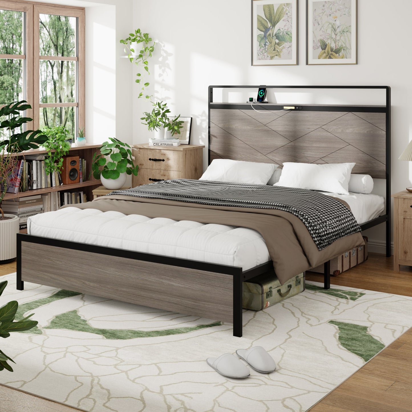Antique Platform Bed Frame and Led Headboard