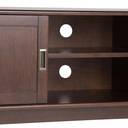 Handcrafted mid-century TV stand in dark walnut with shelf and cable holes, metal pull on Tampa Home & Garden Store