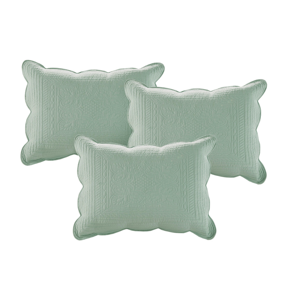Three seafoam green pillows with scalloped edges and quilted pattern by HouseOfZazla on Tampa Home & Garden Store