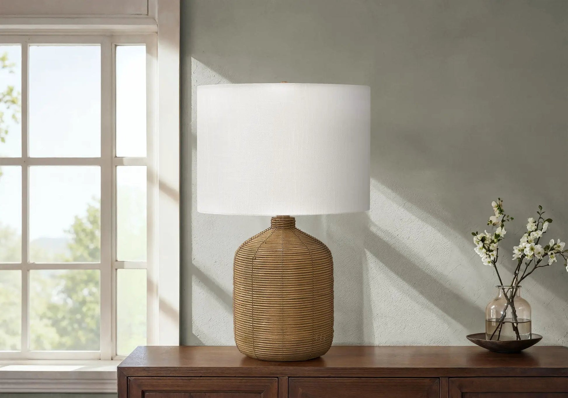 Table lamp with woven rattan base and white fabric drum shade, modern Unique Piece Furniture on Tampa Home & Garden Store