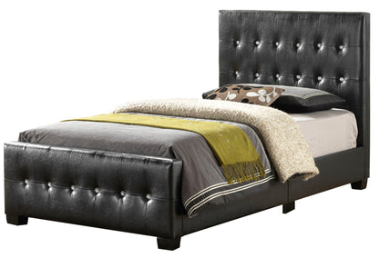 Stylish Transitional Bed in black leather with tall tufted headboard and crystal button accents on Tampa Home & Garden Store