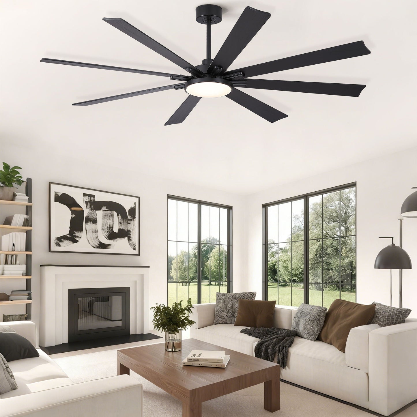 Large Ceiling Fan With Dimmable LED Light by HouseOfZazla, 8 matte black blades, remote on Tampa Home & Garden Store