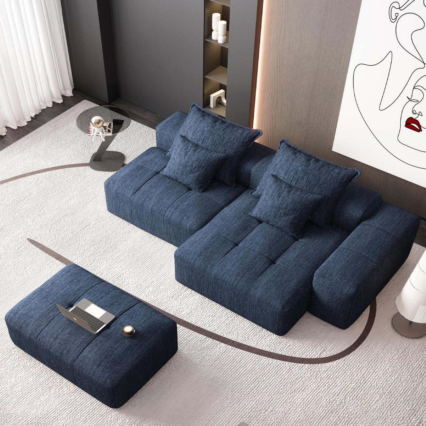 HouseOfZazla modern oversized DIY modular sectional sofa with pillows, blue fabric upholstery on Tampa Home & Garden Store