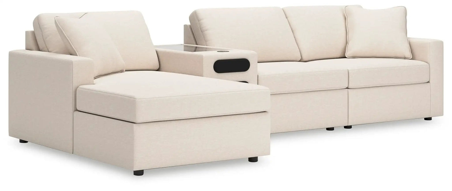 Modmax Oyster stationary sectional with left chaise in beige fabric and glass-top console on Tampa Home & Garden Store