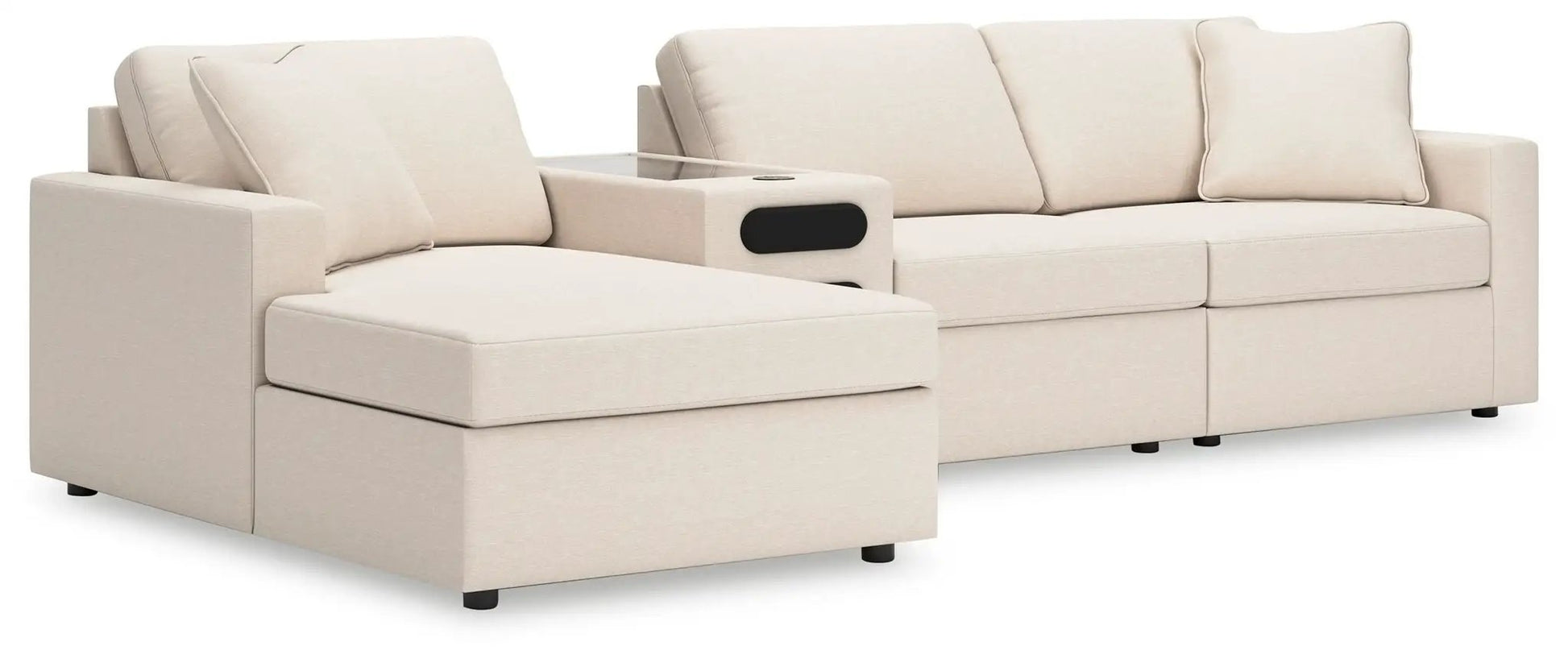 Modmax Oyster stationary sectional with left chaise in beige fabric and glass-top console on Tampa Home & Garden Store