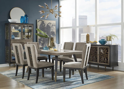 Ryker rectangular dining table Homestead Brown with extensions, taupe upholstered chairs on Tampa Home & Garden Store