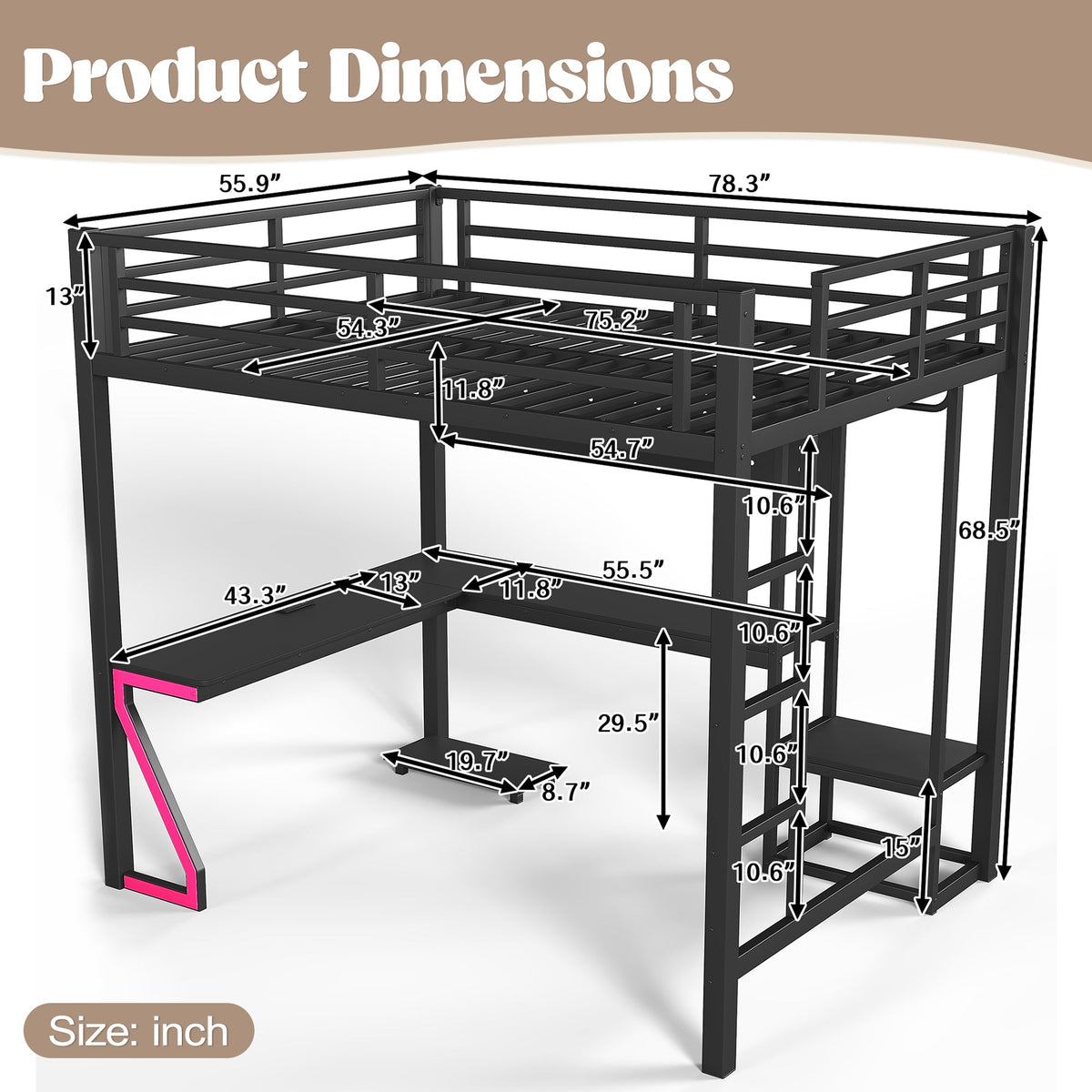 Full loft bed with L-shaped desk and USB ports, black metal frame on Tampa Home & Garden Store
