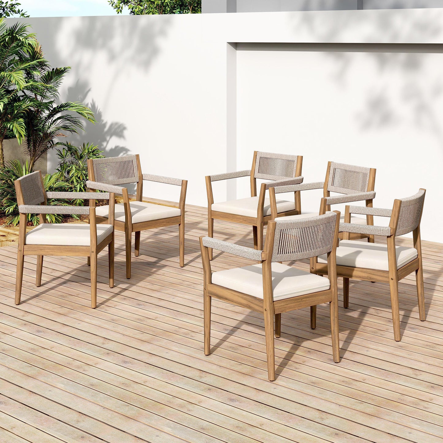 Braided acacia wood outdoor dining chairs set of 2 with teak-look frames and cream cushions on Tampa Home & Garden Store