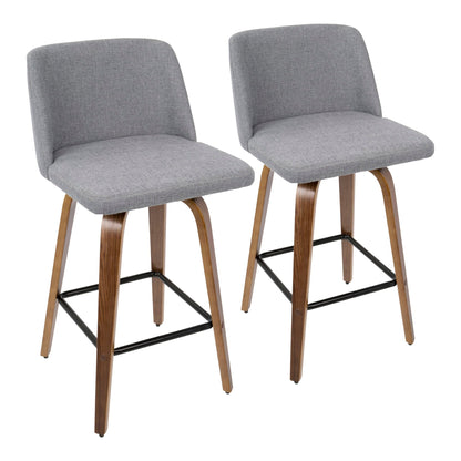 Toriano mid-century counter stools set of 2 in gray fabric with wooden legs and footrest on Tampa Home & Garden Store
