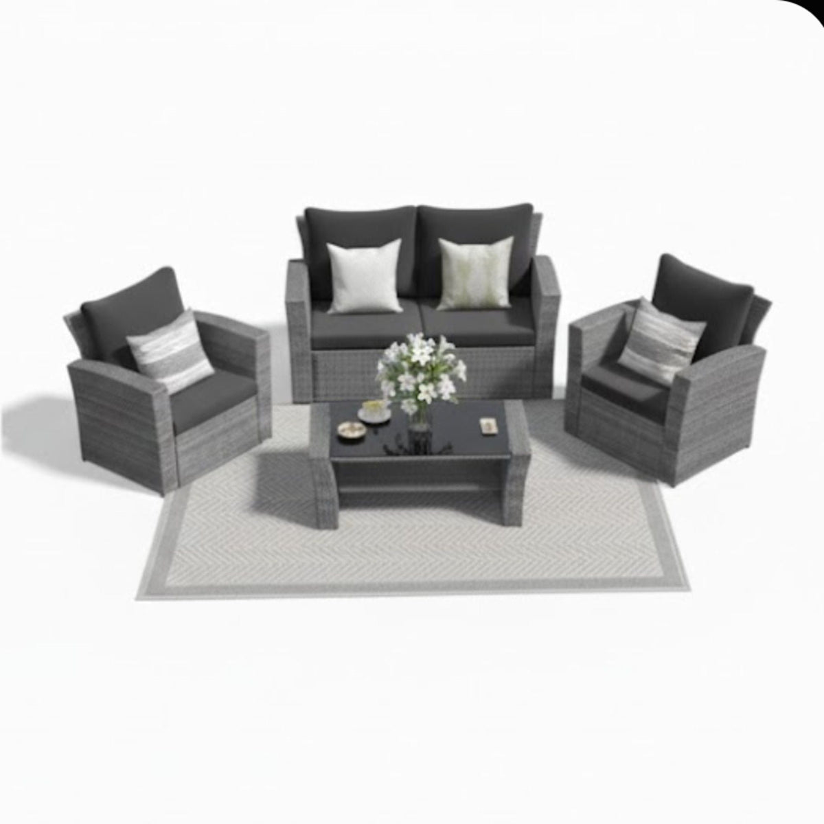 4 piece modern patio set with cushions in gray wicker and glass table by HouseOfZazla on Tampa Home & Garden Store
