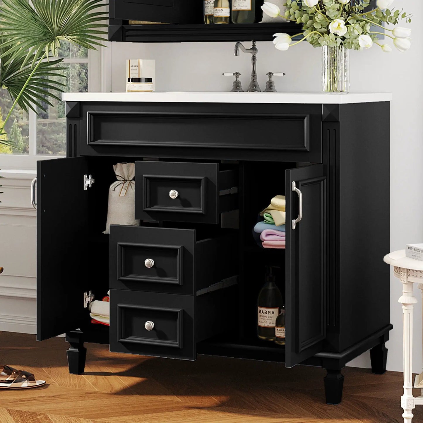 Bathroom vanity with top sink, black cabinet, white top, 2 soft-close doors and 2 drawers on Tampa Home & Garden Store