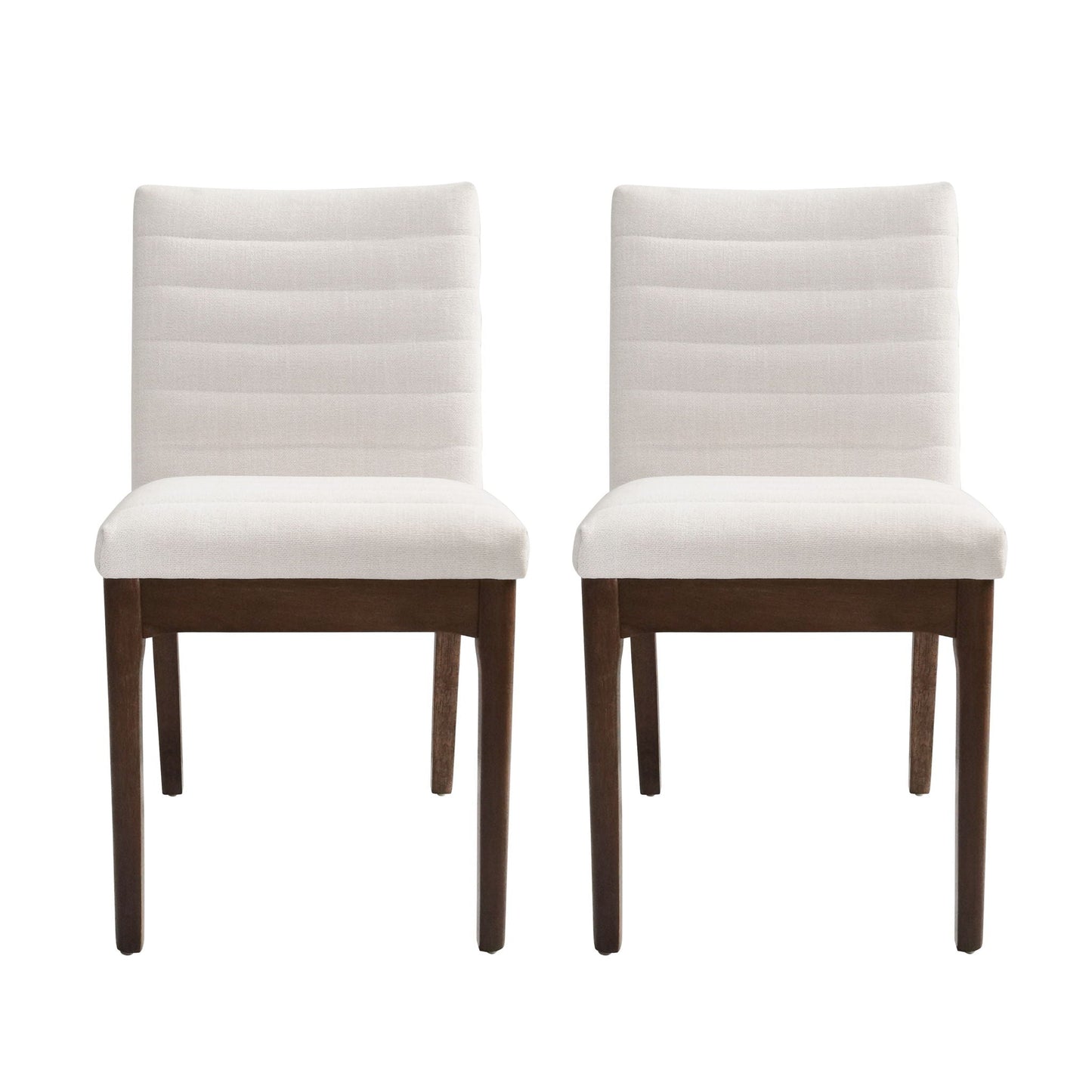 Upholstered dining chairs set of 2 in cream striped fabric with dark wood legs on Tampa Home & Garden Store
