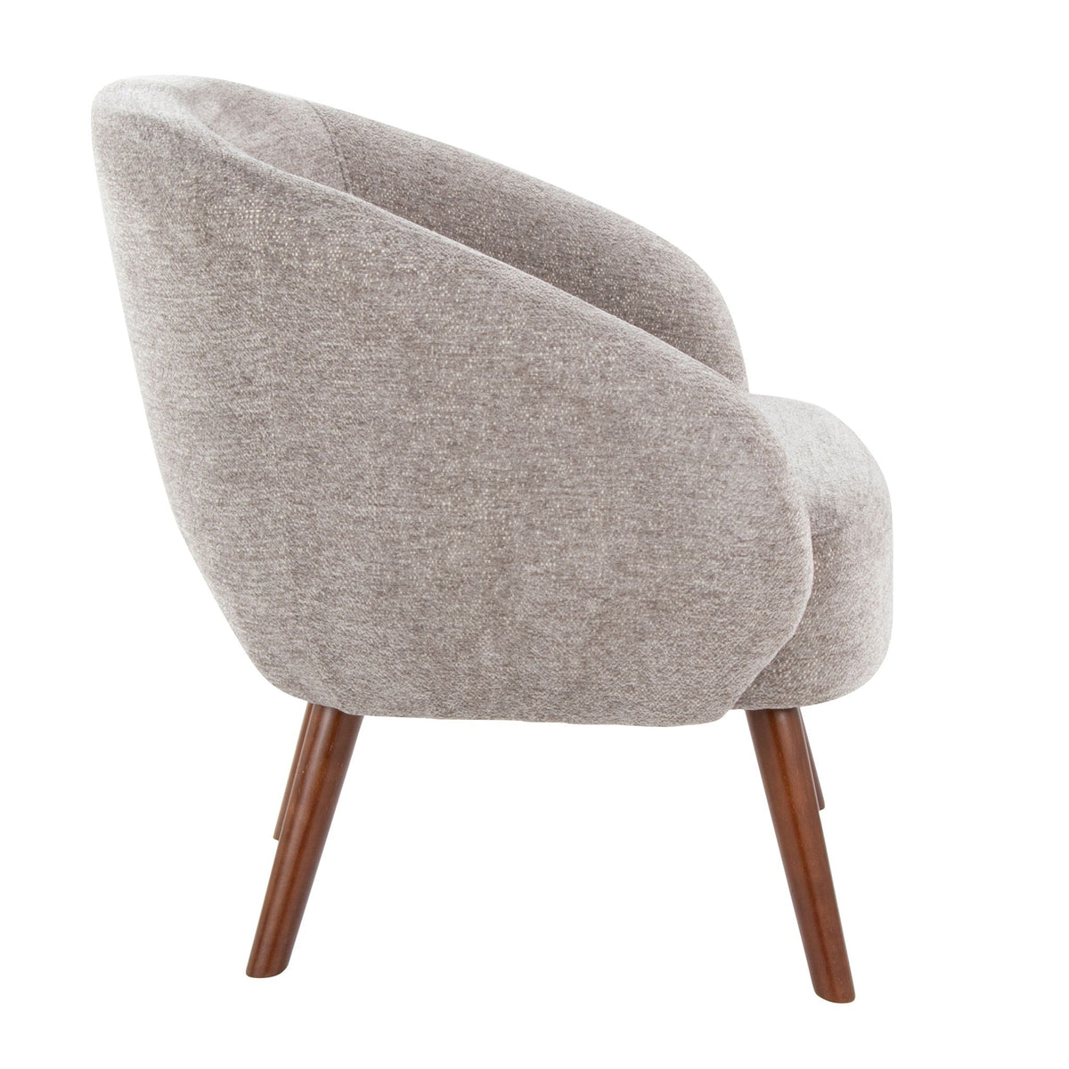 Elegant gray plush upholstered lounge chair with curved silhouette and wooden legs on Tampa Home & Garden Store