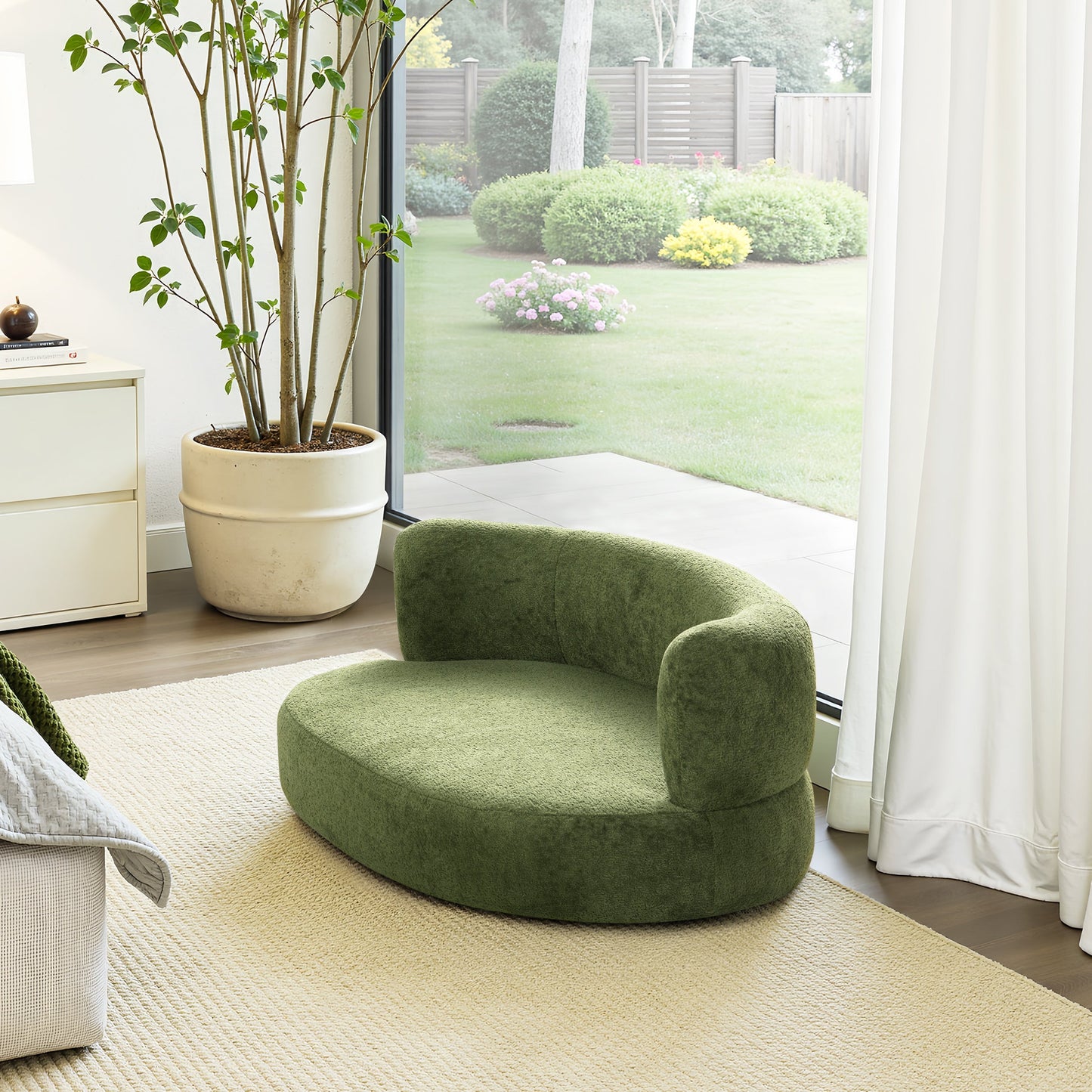 Pet bed Shep 36' curved dog sofa bed moss green fleeced teddy by HouseOfZazla in living room on Tampa Home & Garden Store