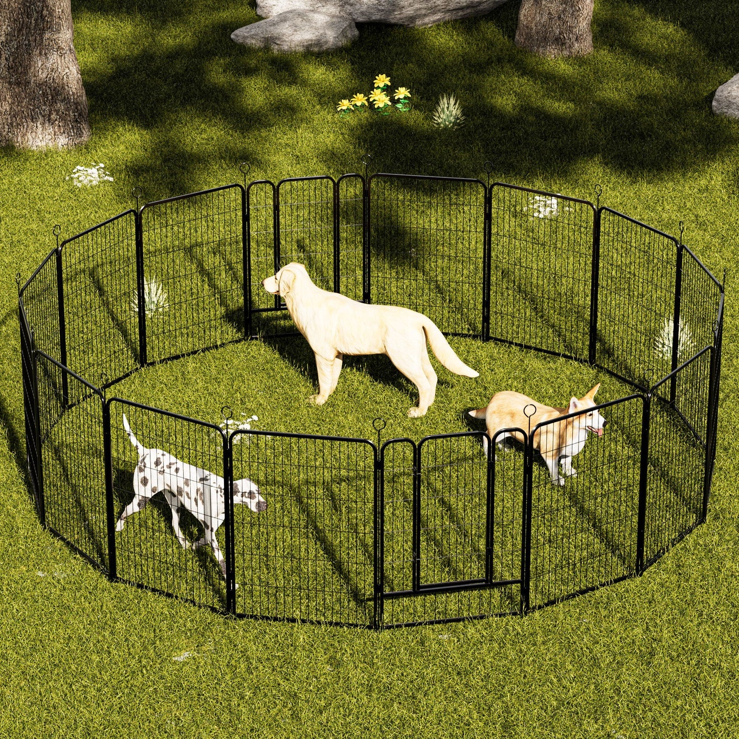 Dog playpen with 16 black metal panels forming a large indoor/outdoor fence, anti skid base on Tampa Home & Garden Store