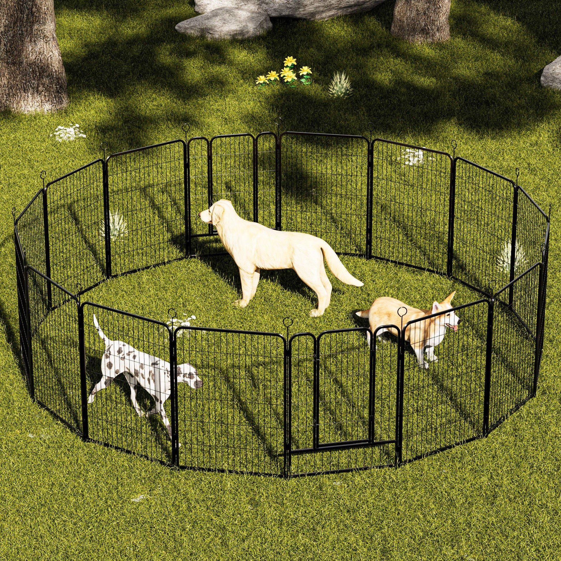 Dog playpen with 16 black metal panels forming a large indoor/outdoor fence, anti skid base on Tampa Home & Garden Store